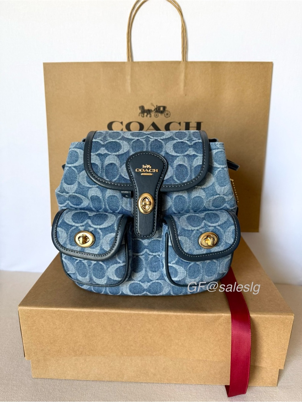 NWT Coach Hadley Backpack Signature blue Denim  /Gold hardware Gift Set